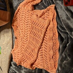 Pink, crochet/knitted sweater. American eagle outfiters.
